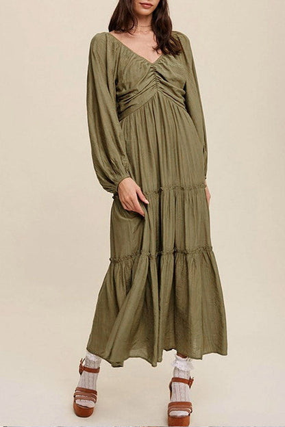 Green V Neck Bowknot Cutout Frill Tiered Maxi Dress