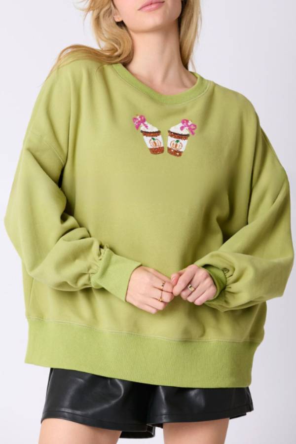 Halloween Coffee Sequin Top Loose Casual Sweatshirt