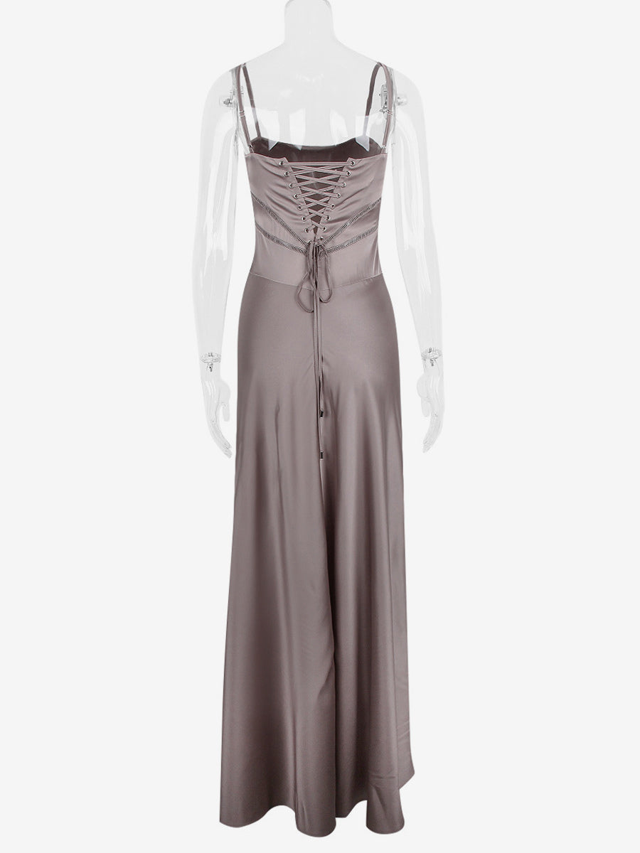 Corest Maxi Dress Adjustable Spaghetti Straps Backless Lace Up Prom Dresses