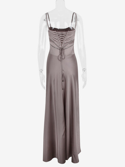 Corest Maxi Dress Adjustable Spaghetti Straps Backless Lace Up Prom Dresses