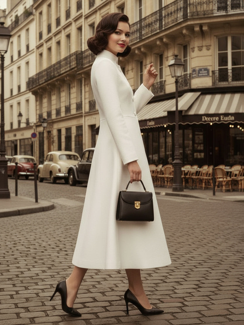 Vintage Stand-Collar A-line Woolen Flared Coat In White For Women 2026