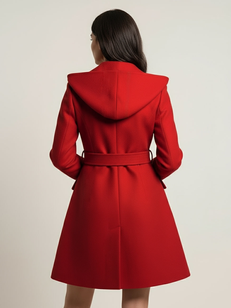 Hooded A-Line Midi Coat With Double-Breasted Design And Belt For Women 2026