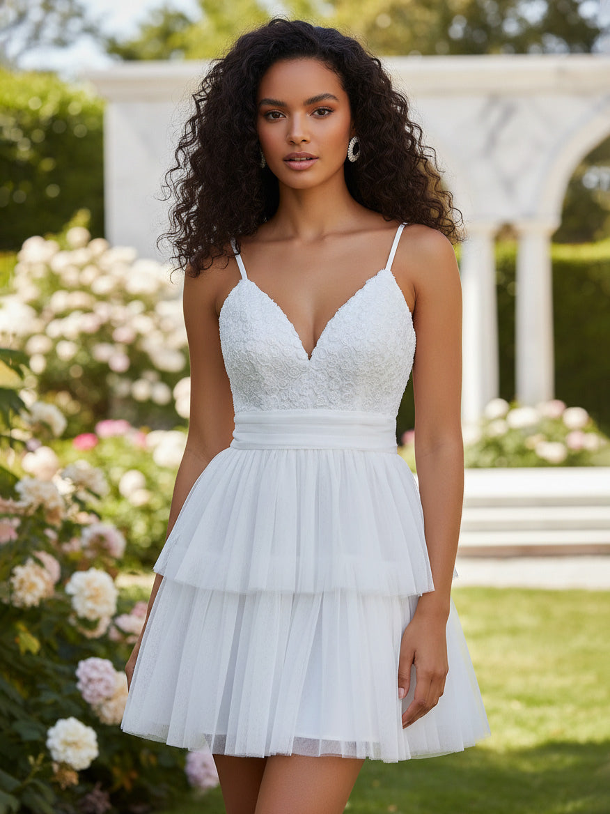 White V-Neck Mini Slip Dress With Flowers For Party 2026