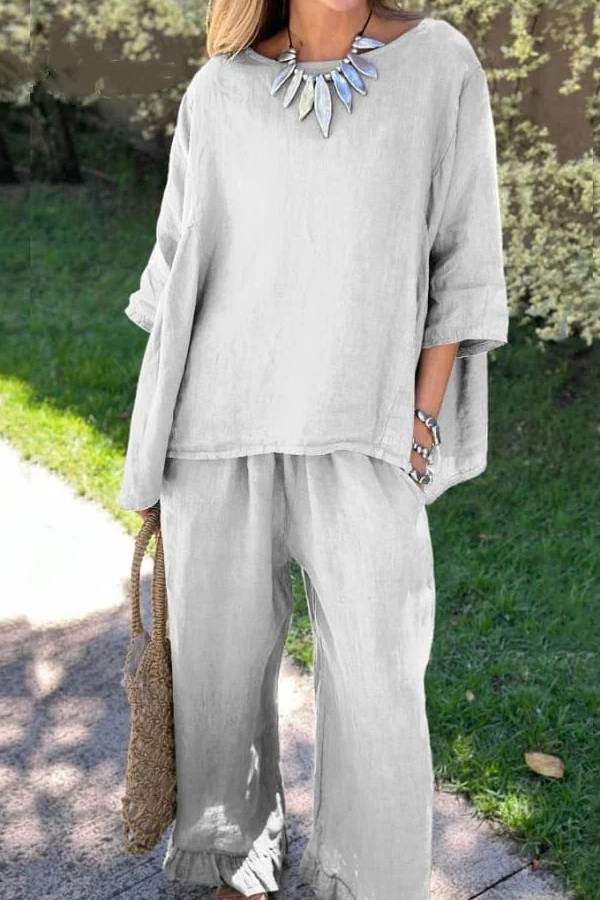 Casual Solid Color Loose Top & Pants Cotton Linen Two-piece Set