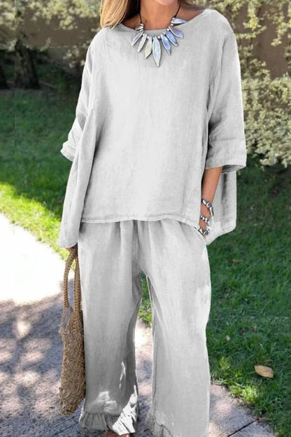 Casual Solid Color Loose Top & Pants Cotton Linen Two-piece Set