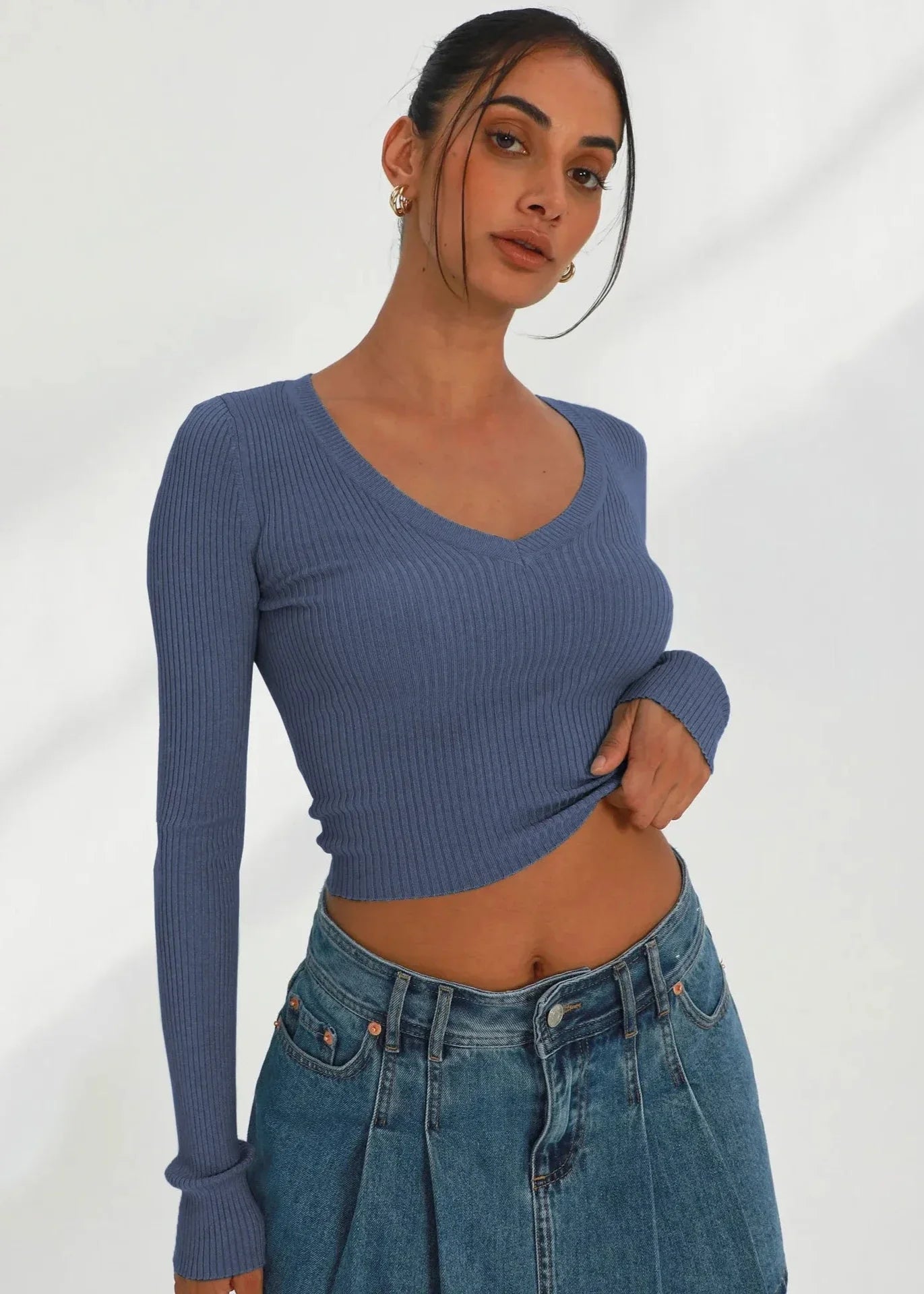 Indigo Ribbed Long-Sleeve Knit Top