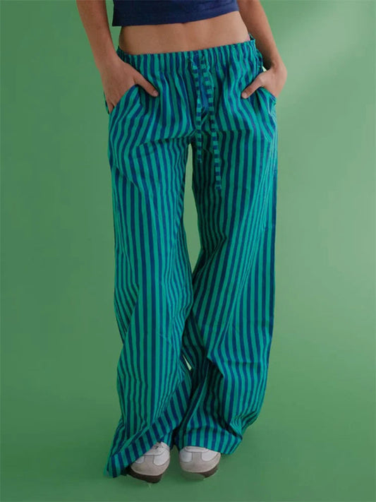 Baggy Striped Drawstring Wide Leg Pocket Pant