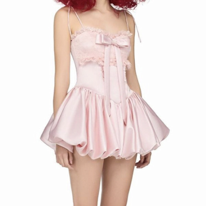 Bowknot ruffle lace hem cami mini dress