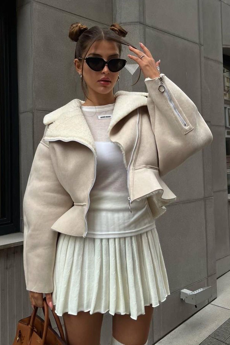 Chic Odd Zip Leather Fur Pieced Coat