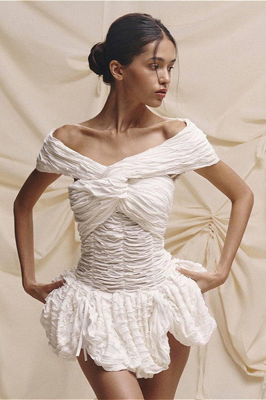 Off-Shoulder Twisted Knot Ruched Shirred Bubble Hem Mini Dress