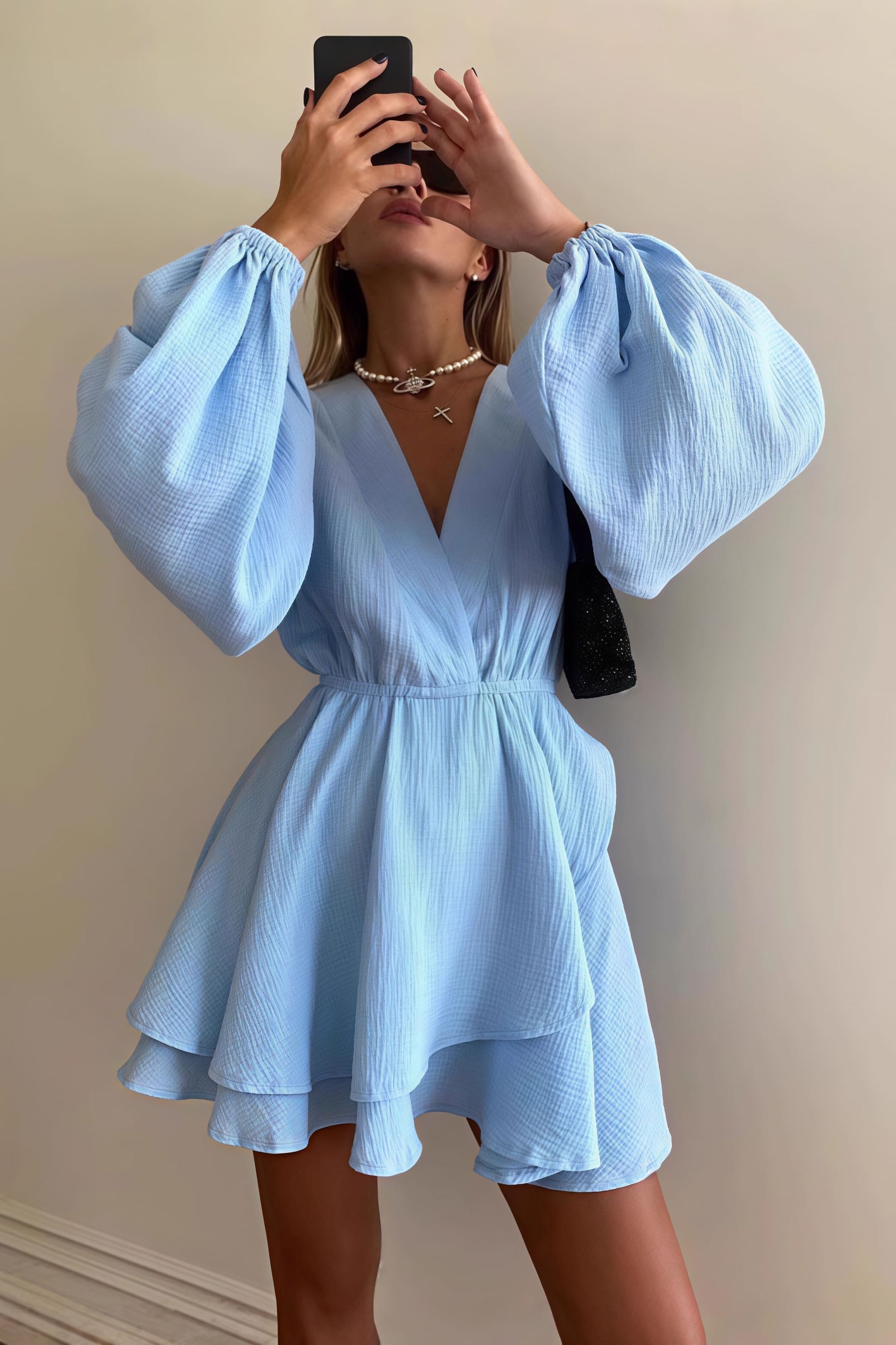 Wrap V-Neck Balloon Sleeve Tiered Ruffle Crinkle Mini Dress