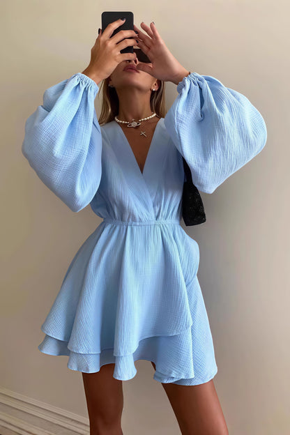 Wrap V-Neck Balloon Sleeve Tiered Ruffle Crinkle Mini Dress