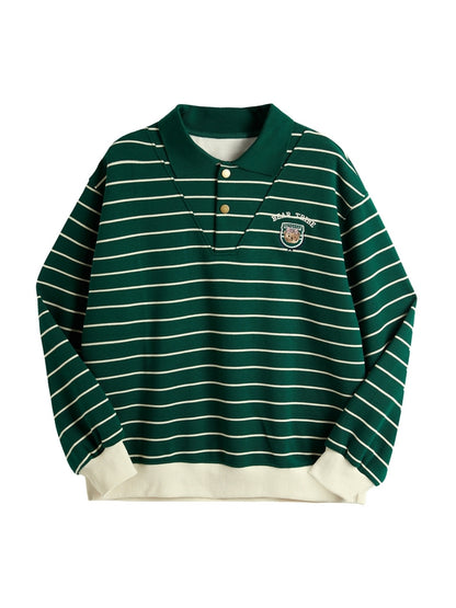 Stripe Print Bear Embroidery Shirt Neck Oversized Hoodie