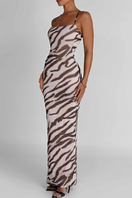 Sexy Open Back Printed Slim Fit Maxi Dress
