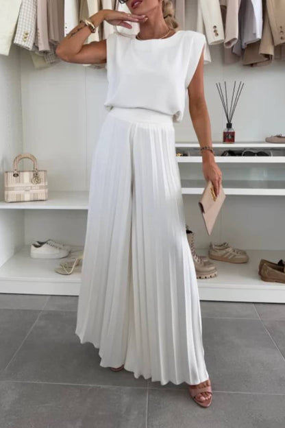 Fashionable Round Neck Shoulder Pads Top and Elastic Waist Pleated Wide-leg Pants Set
