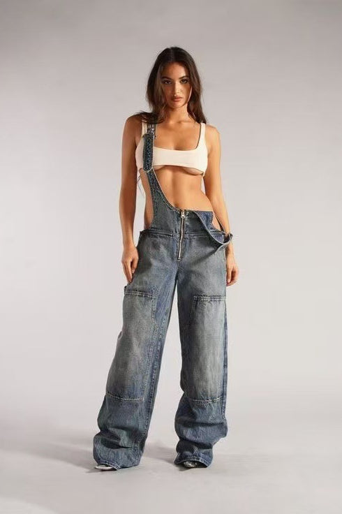 Low Rise Wide Leg Overall Jeans