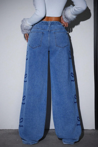 High Waist Washed Bow Tie Jeans