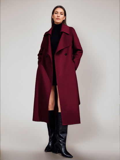Red Wool Cashmere Blend Coat For Woman Burgundy Double-breasted Double-Faced Winter Outerwear 2026