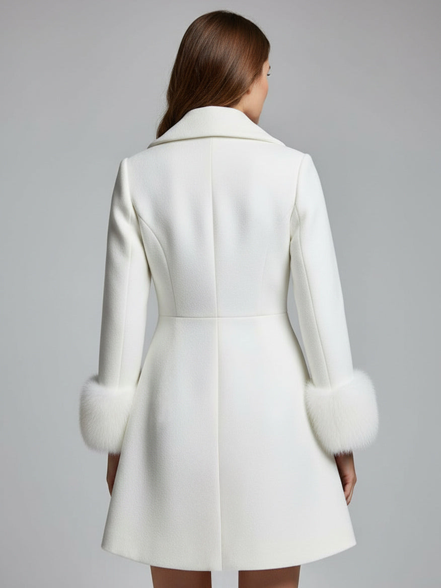 White double-breasted wool Blend coat with wide lapel And Faux fur cuffs For Women 2026