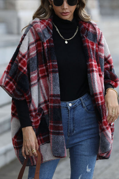 Fuzzy Plaid Hooded Short Sleeve Coat