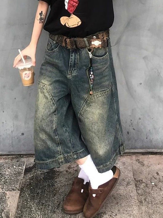 Blue American Vintage Washed Aged Denim Shorts