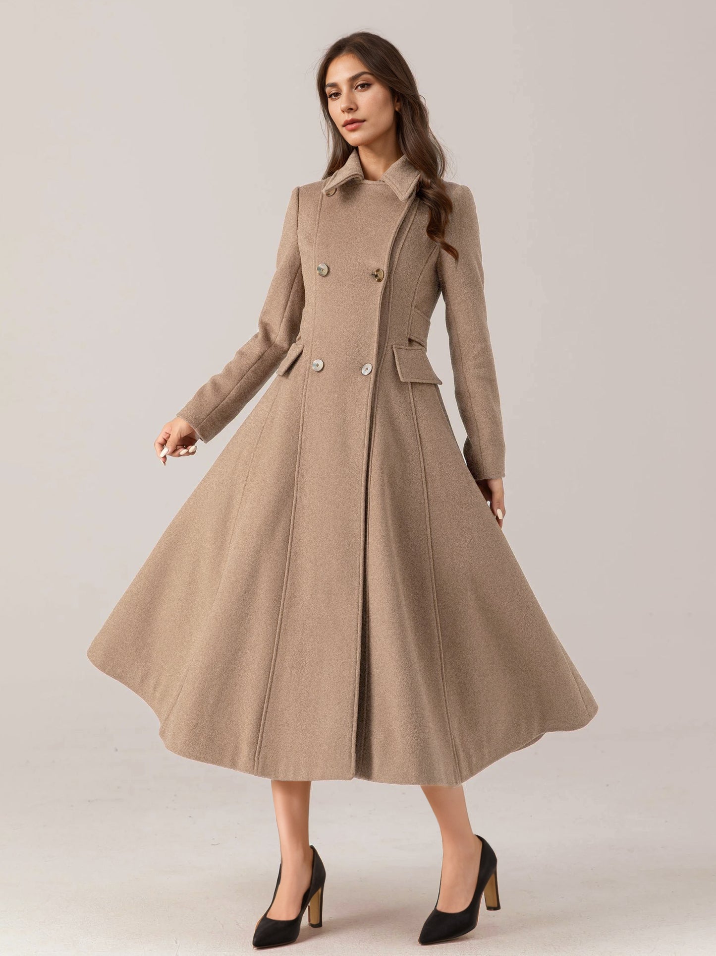 Flared Wool Blend Coat For Woman Red Turndown Collar Double-breasted Elegant 2026 Winter Outerwear