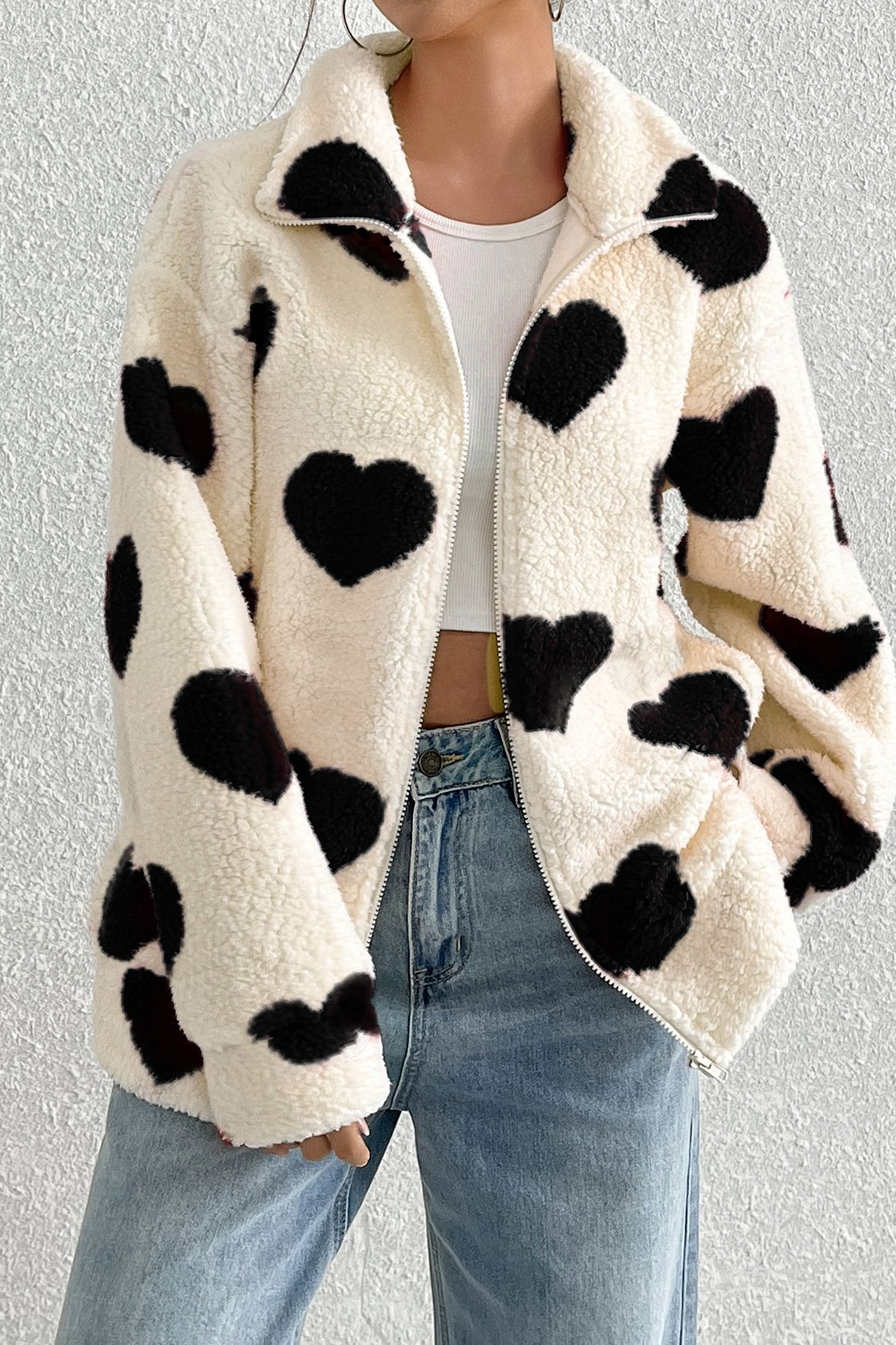 Fuzzy Heart Print Oversized Long Sleeve Zip Coat