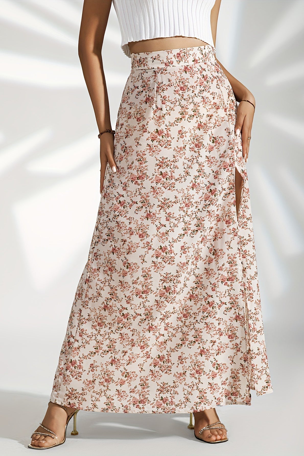 High Waist Split Floral Slim Maxi Skirt