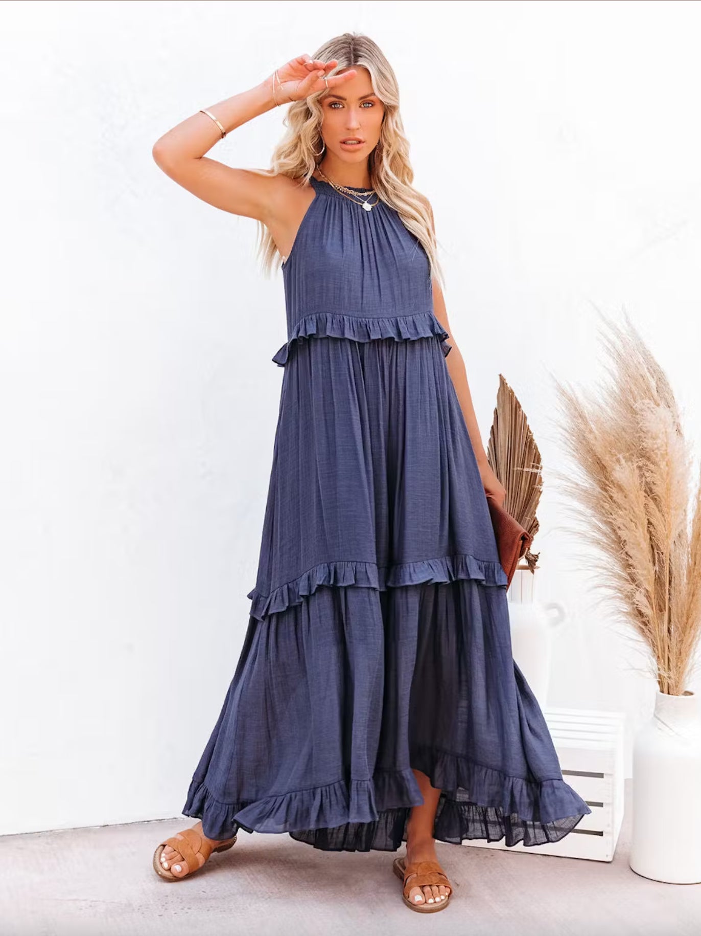 Boho Halter Neck Maxi Shift Dress for Women - Ruffle Tiered Flowy Sun Dress - Summer Beach Vacation 2026