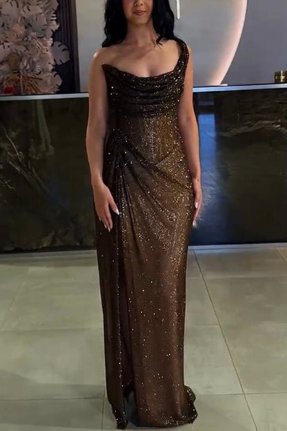 Stretch Metallic Slit Formal Dress