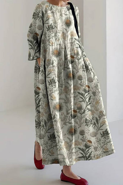 Scotland Thistle Print Crew Neck Loose Midi Dress