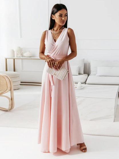 Soft Pink V-Neck Dresses Lace Up Sleeveless Layered Prom Maxi Dress 2026