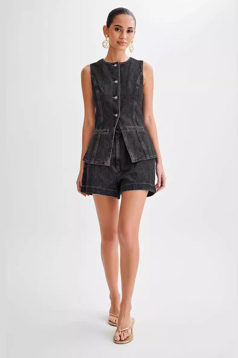 Casual High Waist Vest Denim Shorts Set