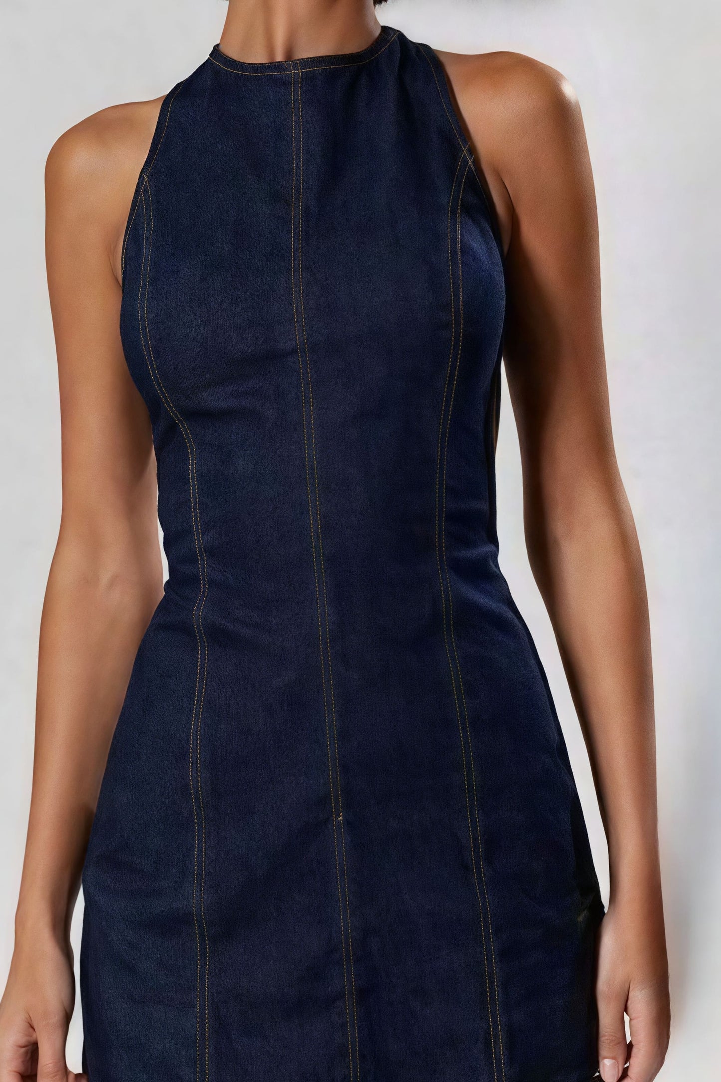 Denim Style Sleeveless Crew Neck Waist Cut Out Bodycon Mini Dress
