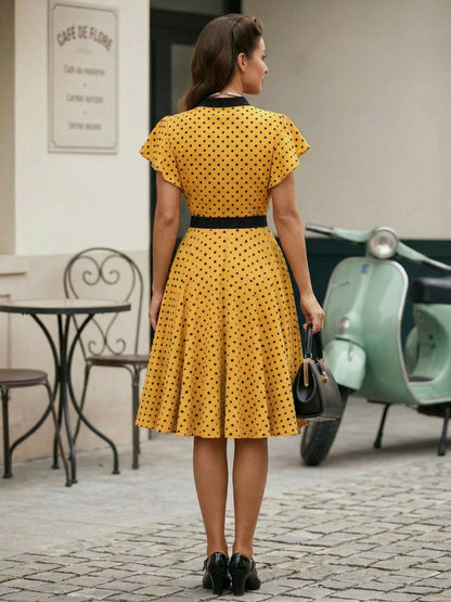 Polka Dot Shirt Dress With Tie And Belt Flutter Sleeve Vintage Midi Dress For Women 2026