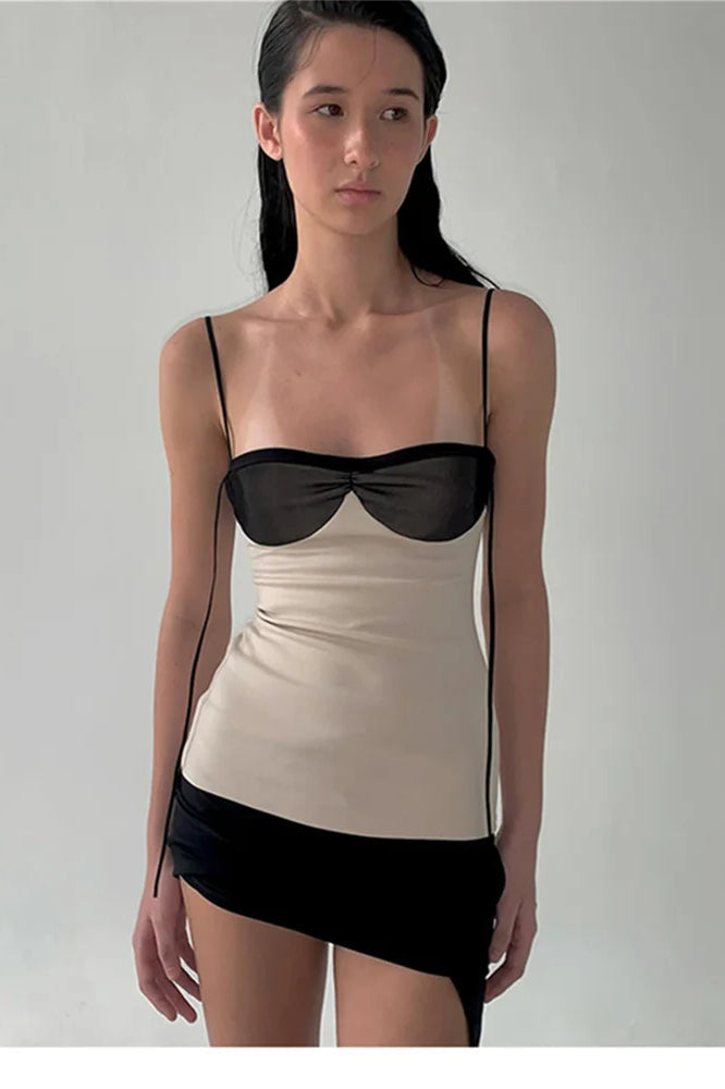 Mesh Illusion Overlay Spaghetti Strap Asymmetric Hem Mini Dress