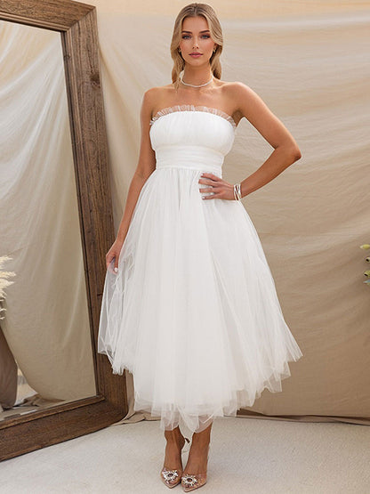Tulle Dresses Strapless Pleated Off The Shoulder Layered Prom Midi Dress