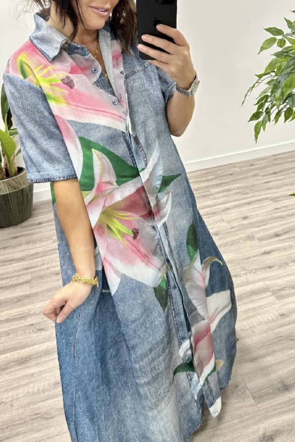Faux Denim Fabric Orchid Print Pocketed Shirt Maxi Dress