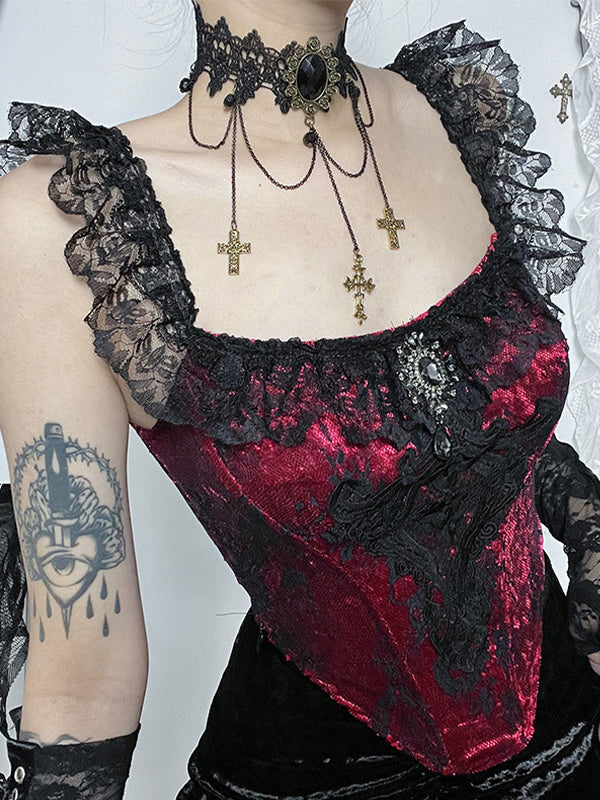Vintage Lace Velvet Splice Irregular Hem Corset Top
