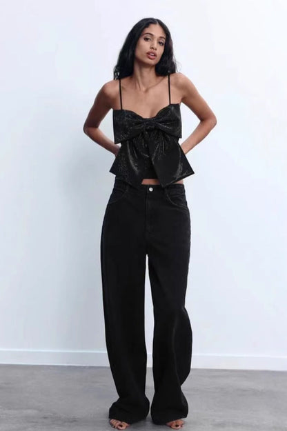 Bow Detail Rhinestone Spaghetti Strap Crop Top