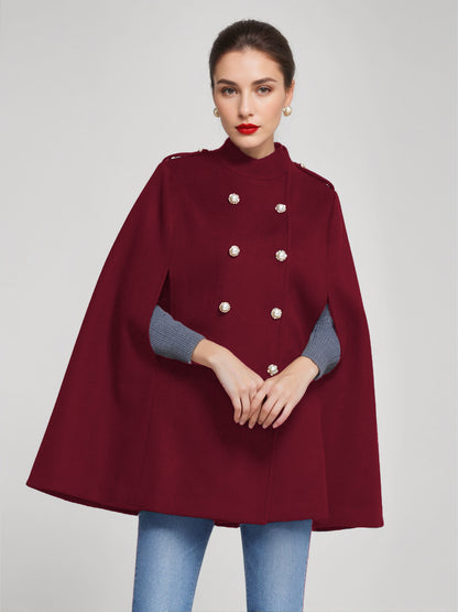 Woolen Cape Coat For Women Stand Collar Dark Navy Double-breasted Winter Poncho Outerwear 2026