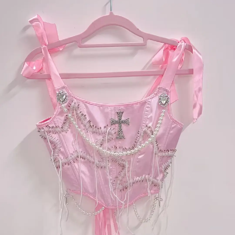 Beaded corset self tie star pattern cami top