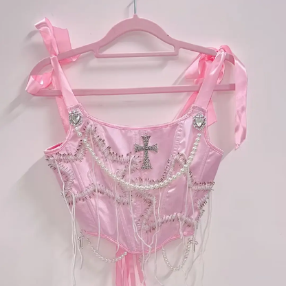 Beaded corset self tie star pattern cami top