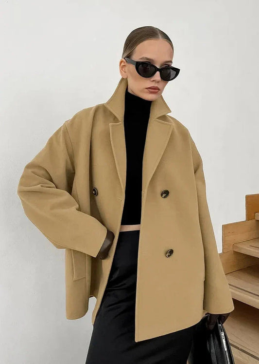 Classic Double-Breasted Camel Wool Coat