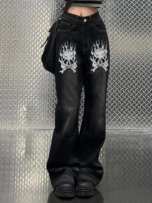 Washed Skull Print Boyfriend Jeans
