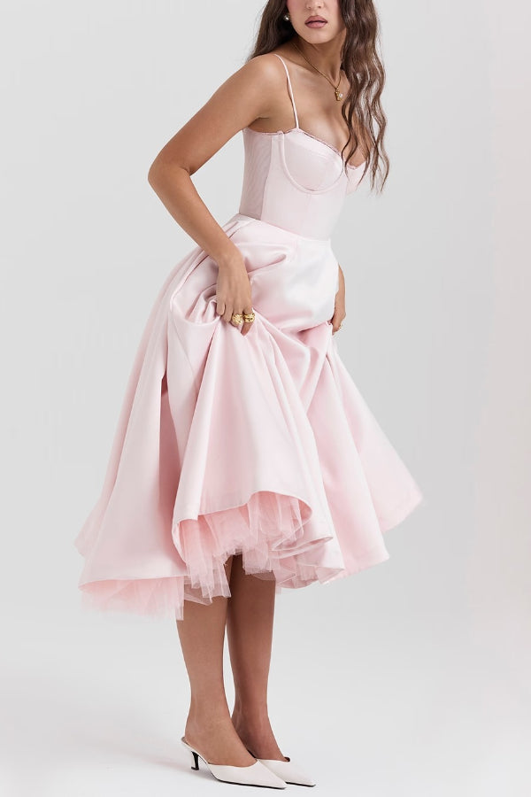 Lace Trim Sweetheart Corset Bodice Tulle Petticoat Fit and Flare Midi Dress