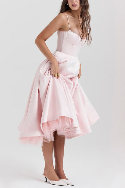 Lace Trim Sweetheart Corset Bodice Tulle Petticoat Fit and Flare Midi Dress