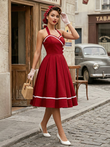 Retro Glamour Dress 1950s Style Burgundy Layered Buttons Sleeveless Sweetheart Neck Swing Dress