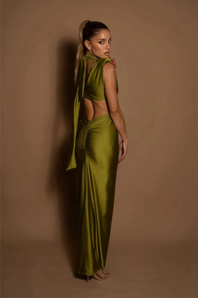 Mock Neck Padded Shoulder Twist Cut Out Waist Ruched Bodycon Midi Dress