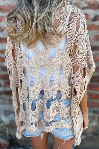 Solid Color Loose-fitting Openwork Casual Knit Top